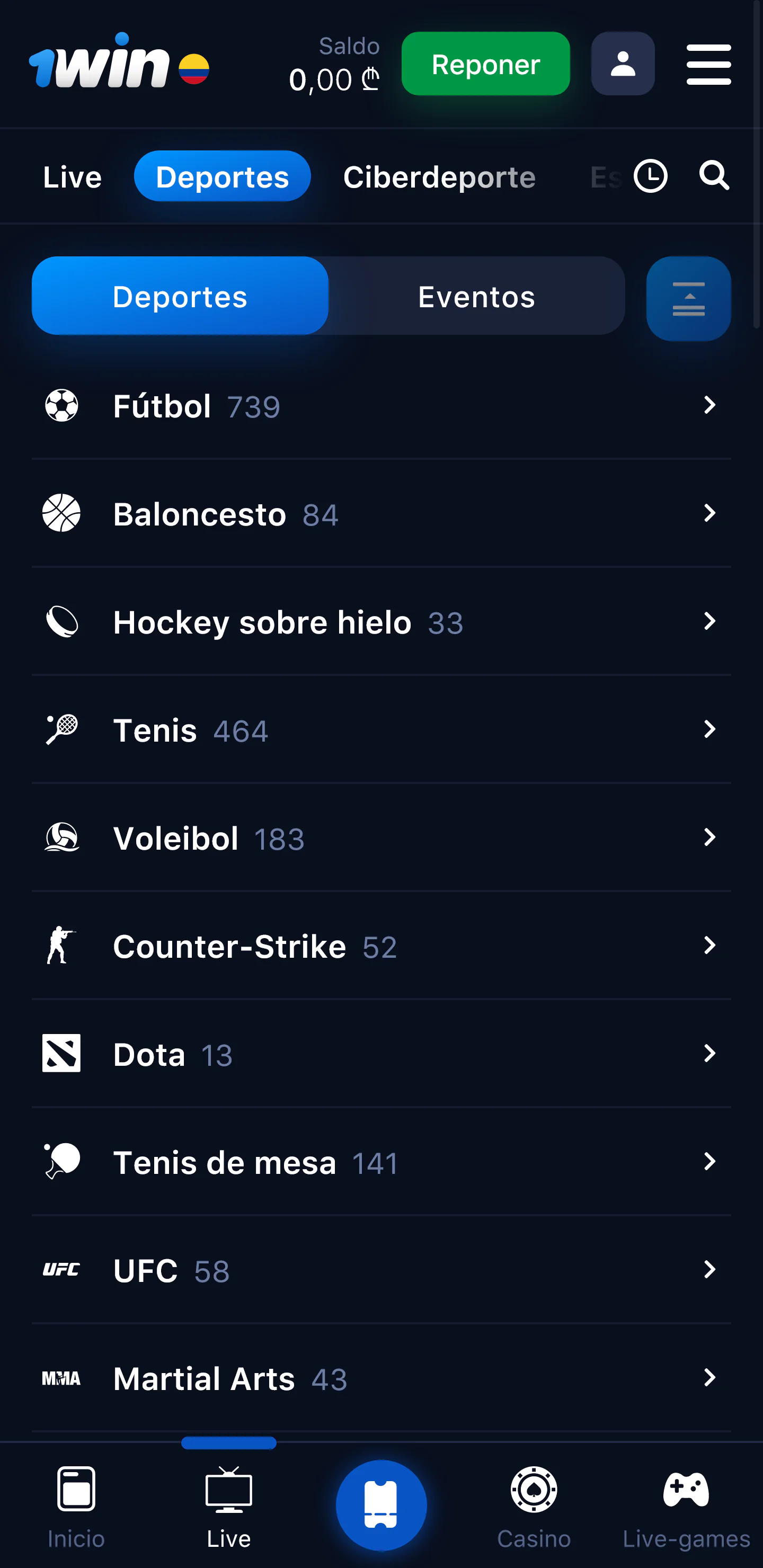 Captura de pantalla de deportes en la app 1Win