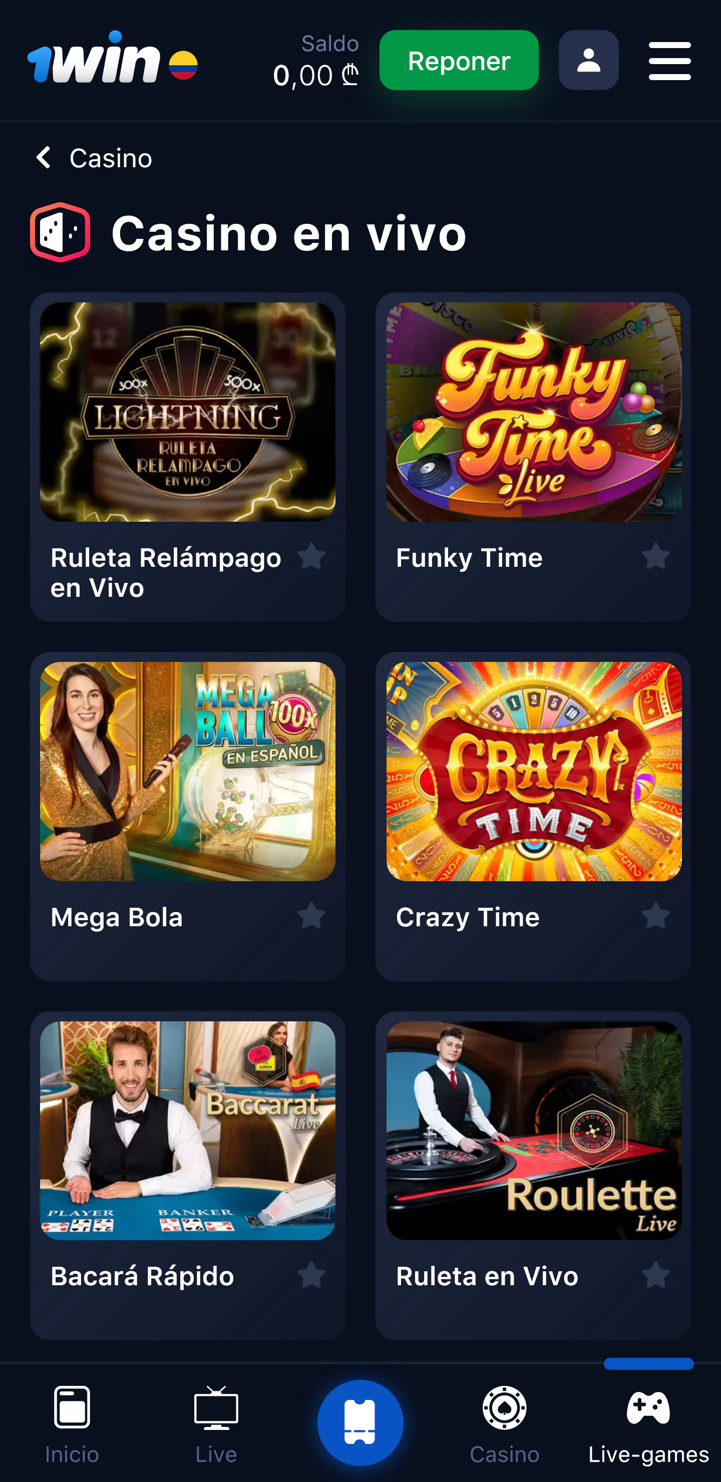 Captura de pantalla de la página del casino en vivo en la app 1Win